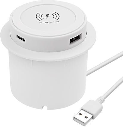 XMSJSIY Embedded Desktop Wireless Charger 10W 3-in-1 USB A/Type C Pop-UP Wireless Multifunctional Fast Charging Station for Bedside Table Desks Furniture (White) -1PC