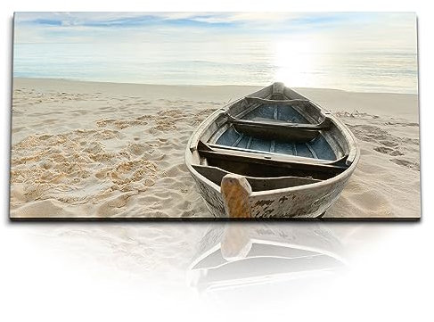 Paul Sinus Tableau mural sur toile 120 x 60 cm - Motif plage unique - Bateau au bord de la mer - Relaxation pour votre maison