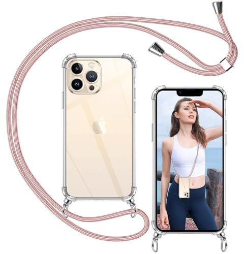 ISOI - Cover con Cordino compatibile con iPhone 13 Pro Max, Regolabile Collana Tracolla Laccio Collo, Trasparente Custodia in Silicone TPU Morbido con Paraurti Airbag Antiurto - Rosa