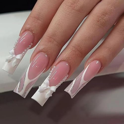 24-Piece Pack of Shiny Coffin French Tip Press-On Nails with Pearl Designs, Bow and Rhinestones - Long Square False Nails for an Elegant Look