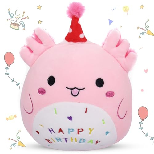 Happy Birthday Plüschtier,23cm Axolotl Kuscheltier Cartoon Plüschkissen | Plüschtier Geburtstags Geschenk Mädchen Axolotl Plüsch Spielzeug Kawaii Plüsch Puppe Stofftier Weiches Plüschpuppe Kinder