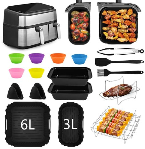 Accessori Friggitrice ad Aria per Philips Dual Basket Airfryer Serie 3000 6L/3L, Accessori per friggitrice ad aria calda con stampo in silicone, griglia, teglie per pane, pinze da cucina, ecc.