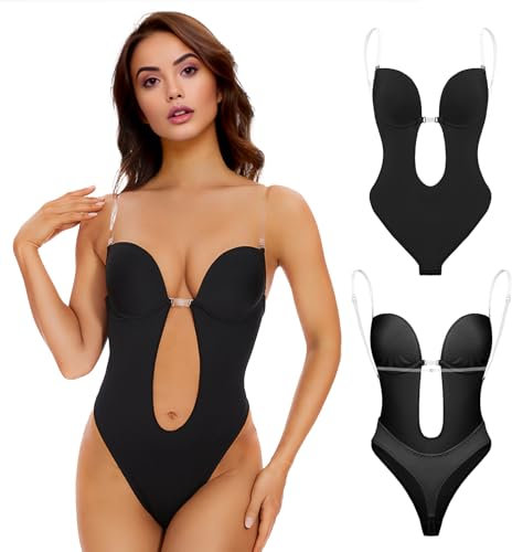 Sahunfri Strapless Shapewear Bodysuit for Women Tummy Control,Waist Tightening Clear Bra Straps with Deep V-Neck Backless Bra for Parties,Homewear (Black, M)