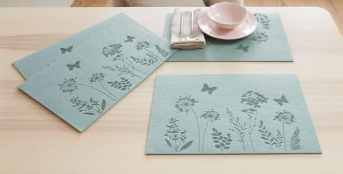 Dekoleidenschaft 4X Platzmatte Blumenwiese aus Filz, grün, 45x30 cm, Tischsets eckig, Platzsets, Tischuntersetzer, Tischunterlage Esstisch