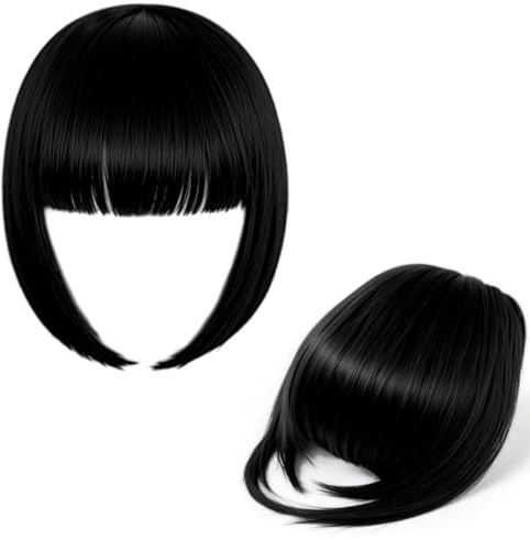 ALLY-MAGIC Clip in Bangs, Clip in Pony Haarteil Clips in Fransen Haarverlängerungen mit Schläfen Front Fringe Air Bangs für Frauen Extension das tägliche Tragen E21-JFQLH-Black