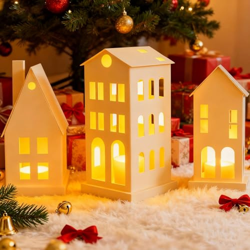 Weihnachtsdeko Lichthäuser Weiß mit LED Kerzen, Weihnachten Deko Lichthaus Metall, Weihnachtshäuser Kerzenhalter für LED Teelichter, Weihnachten Deko Innen Teelichthaus Häuser Tischdeko (3 Stück)