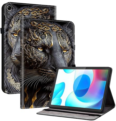 Mldjomid Hülle für Realme Pad 10.4 Zoll Tablet 2021 Premium PU Leder Flip Schutzhülle mit Ständer Kartenschlitz Stifthalter Cover Case für Realme Pad RMP2102/ RMP2103 (Schwarzer Goldlöwe)