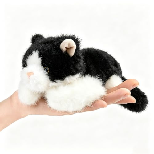Palm Pal Lying Cat Plush Toy with Beads Ultra Soft Stuffed Animal Cute Kitten Plushie Cuddly Adorable Calming Companion Doll for Kids Toddlers Girls Boys Sleeping Pillow Gift Black White