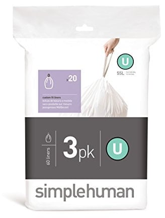simplehuman Code U Custom Fit Liners, Extra Large, Ultra Strong Trash Bags, 55 Liter / 14.5 Gallon, 3 Refill Packs (60 Count)