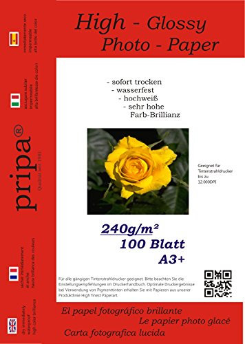 pripa - A3+ - 100 Blatt Fotopapier Photopapier DIN - A 3 + - 240g/qm - glossy glaenzend - sofort trocken - wasserfest - hochweiß - sehr hohe Farbbrillianz fuer InkJet Drucker Tintenstrahldrucker