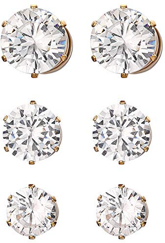 JewelryWe Magnet Ohrringe Magnetische Ohrstecker: 3 Paare Set Gold Ohrclips für Herren Damen Edelstahl Rund Zirkonia Magnetohrringe Fake Plug Tunnel Non-piercing Clips Ohne Ohrloch 6-8mm
