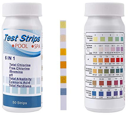 FT-SHOP Bandelettes de Test 6 in 1 PH Piscine Spa Bandes Test Qualité d'eau pour Chlore Alcaline Acide Brome Dureté 50 pièces
