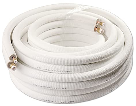 ICOOL 50 Ft. Mini Split Line Set, 1/4 & 3/8 O.D. Twin Copper Pipes, 3/8 Thickened PE Insulated Coil Copper Line with Nuts for Air Conditioner HVAC Refrigeration and Heating, Without Fittings