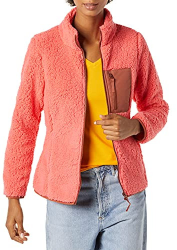 Amazon Essentials Giacca A Lupetto con Cerniera Integrale E Maniche Lunghe in Sherpa con Orlo in Tessuto (Taglie Forti Disponibili) Donna, Marrone Rosa Corallo Color Block, L