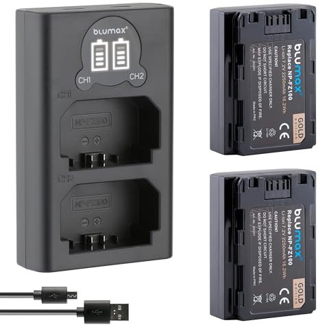 Blumax 2X Akku ersetzt Sony NP-FZ100-2250mAh + Mini Dual-Ladegerät - für Sony Alpha FX30-7 IV 7c 7RIV 7RV 7RIII ZV-E1 ILCE 6600/6700
