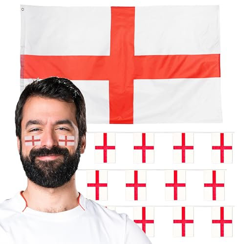I LOVE FANCY DRESS English Flag, England Bunting and English Flag Tattoos - All Weather Bunting - Flag Tattoos plus 33 feet/10 Meters of 21.5 x 14 cm - Rugby Football St Georges Day