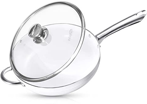 INTIGNIS Frying Pan with Lid Non Stick Deep Sauté Pan, Stainless Steel Induction Base for All Hobs Ceramic Ovenproof Dishwasher Safe (White, 28 CM)