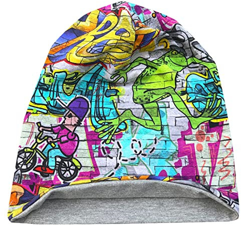 Wollhuhn ÖKO Jungen/Mädchen Bequeme Weiche Mütze/Beanie-Mütze/Strickmütze/Kinder-Mütze Leicht Oder Gefüttert (Ganzjährig) Aus Öko-Stoffen/Bio 20160510 (M, Streetart Graffiti)