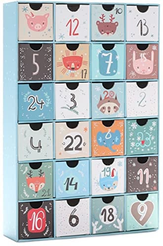 BRUBAKER Adventskalender zum Befüllen - Tierische Weihnachten Blau - DIY Weihnachtskalender mit 24 Türchen für Gutscheine, Süßigkeiten und weitere Überraschungen - 32,5 cm groß aus Pappe