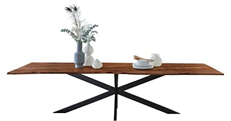 SAM Esstisch Kalea 260x100 cm Akazie nussbaum/Spider-Gestell schwarz | massiv, Akazienholz nussbaumfarben, Tischplatte 26 mm, Baumkantentisch, Esszimmertisch, Metallgestell, Industrial-Design