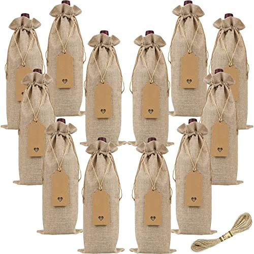Jute-Weinbeutel, Wein-Geschenktüten, 12 Stück Weinflaschenbeutel mit Kordelzug, Weinbeutel für Weinflaschen, Weinflaschenabdeckung für Party, Weihnachten, Hochzeit, Reisen, Aufbewahrung (Burlap)