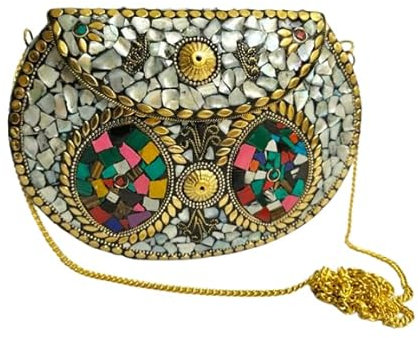 Clutch-Geldbörse für Damen, minimalistisches Mosaik-Design, Vintage-Stil, kunstvolle indische Bohemian-Tasche, für Hochzeit, Brautschmuck, Perlmutt