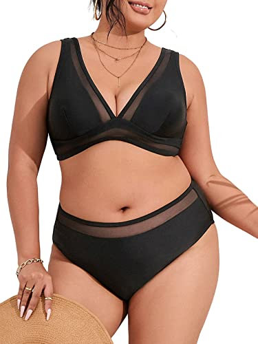 CUPSHE Damen Große Größen Bikini Set V Ausschnitt Sheer Mesh Tank Zweiteiliger Bikini Breite Träger Mid Waist Plus Size Bademode Swimsuit Schwarz L