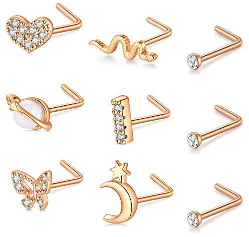 Mayhoop 20G Nasenpiercing Nasenstecker Chirurgenstahl mit Herz Blume Schmetterling Schlange Opal CZ Nasenpiercing Stecker Nasenring 9 Stück für Damen Herren Rosegold