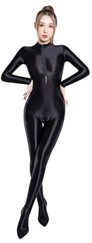 WHB Damen sexy Bodystocking Dessous Lange Ärmel Strumpfhose Glänzende Öl Ganzkörper Reizwäsche Durchsichtiges Babydoll Netzsocken Erotik Jumpsuit mit Reißverschluss (one Size,Schwarz)