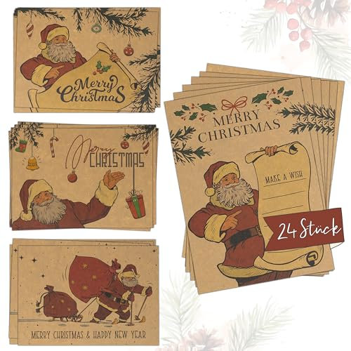 TOBJA® Weihnachtskarten Set Postkarten - 24x Original Kraftpapier Karten | Frohe Weihnachten Karten Santa | 4 x 6 Postkarten Weihnachten
