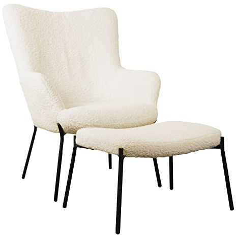 Happy Garden Fauteuil de Relaxation avec Repose-Pieds EIRA, Tissu Bouclette écru, piétement en métal