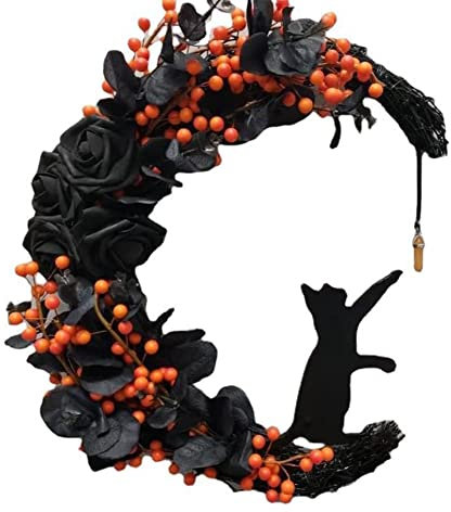 Halloween Kranz Mond Katzen Kranz mit Rose, schwarz Halloween Kranz Girlande für Haustür Fenster Wandkranz Gothic Kranz Dekorationen