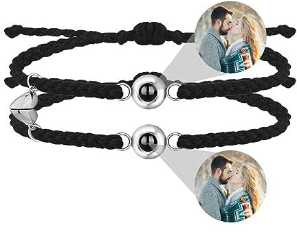 Personalisierte Foto Armband Runde Projektion Armband mit Bild im Stein Ich Liebe Dich Armband 100 Sprachen für Damen Herren Freundschaft Paar Armband Magnet Passende Armbänder Verstellbares Seil 2pcs
