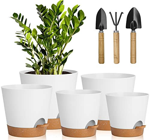 Kunststoff Blumentopf Mit Bewässerungssystem, 17.8/16.5/15.2/13.9/12.7cm Selbstbewässerung Übertopf Mit Untersetzer Rund Pflanzkübel Für Innen Und Balkon Garten Pflanzen Sukkulenten Kaktus(Weiß Braun)