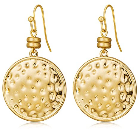 LILIE&WHITE Ohrhänger mit gehämmerter Scheibe in Antikgold für Damen, Boho-Ohrringe, minimalistische, runde, flache Tropfen-Ohrringe mit Pinseleffekt