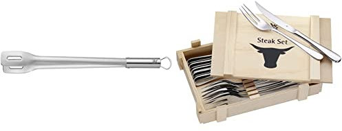 WMF BBQ Grillzange lang 44 cm, Cromargan Edelstahl & Steakbesteck 12-teilig, Steakbesteck Set für 6 Personen, Steakmesser, Steakgabel, Cromargan Edelstahl poliert, Grillbesteck in Holzkiste