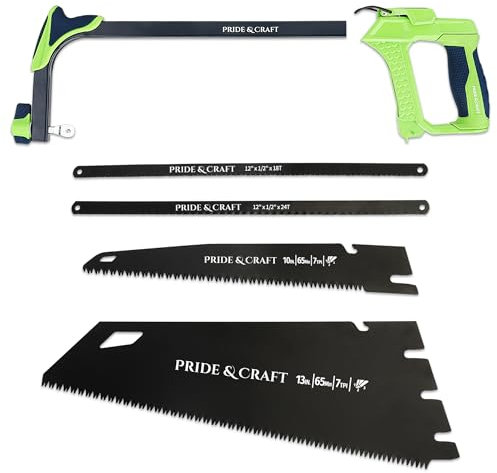 PRIDE&CRAFT Universal Hand Saw with 4pc Different Blades, Quick Lock Design, Soft and Non-Slip Handle, 4 in 1 Heavy Duty Hacksaw for Metal, Wood, PVC Pipes