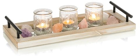 Hanobe Decorative Wooden Serving Tray: White Candle Plate Rustic Wood Tea Tray with Handles Centerpiece Decor Small Rectangle Farmhouse for Coffee Table Bathroom