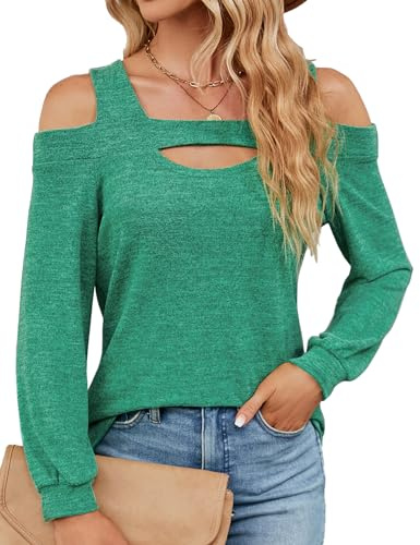 HANERDUN Camiseta Mujer Manga Larga Camisa Blusa Elegantes con Hombros Descubiertos Túnica Escote Cuadrado Top de Punto