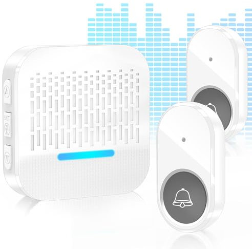 SURFOU Campanello Senza Fili Da Esterno Impermeabile Wireless 300M Distanza 2 Trasmettitore Casa interno Ricevitore per gli Anziani 55 Suonerie includere il Natale 5 Volumi e Indicatori LED, Bianco