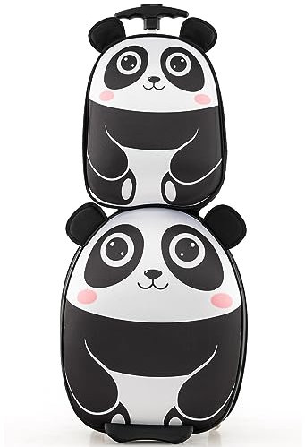 DREAMADE 2tlg. Kinderkoffer Set, Kinderkoffer mit Rucksack, Reisekoffer Jungen & Mädchen, Kindergepäck mit Rollen, Kindertrolley Handgepäck Kinder Flugzeug (Schwarz-Panda)