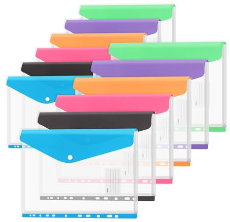 12 Stück Dokumententasche A4,Premium Transparent Dreidimensionale Dokumentenmappe mit Druckknopf Ordner Tasche mit 11 Lochrand 6 Farben und Etikettentasche für Dokumente Organisiere