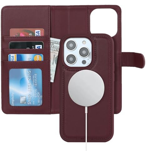Zouzt for iPhone 15 Pro 6.1 Inch Detachable Wallet Case with Card Holder for MagSafe, Premium PU Leather 2 in 1 Flip Folio Book Magnetic Stand Protective Phone Cover for iPhone 15 Pro - Burgundy