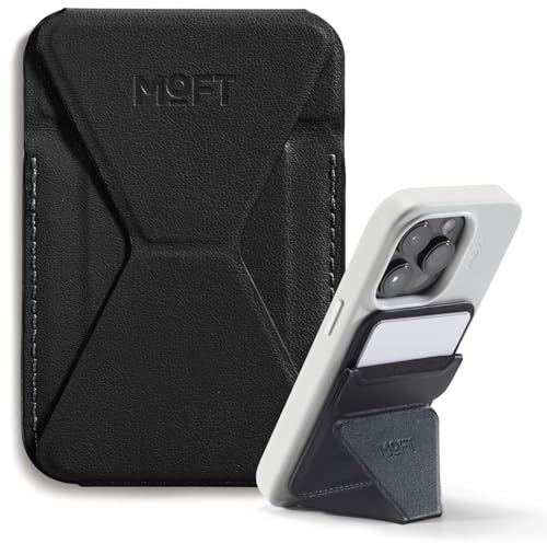 MOFT Magnetischer Wallet Ständer Kartenhalter für iPhone 17/16/15/14/13/12 Serie Kompatibel mit MagSafe, MOVAS Magnetischer Handy-Ständer aus Vegan-Leder mit 3 Betrachtungswinkeln, 2 Karten, Schwarz