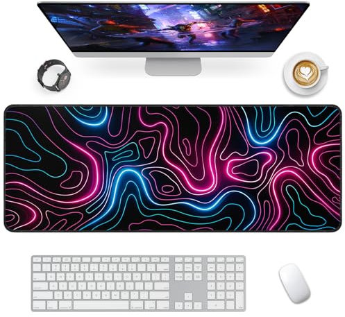 Giecy Gaming Mauspad XXL, Mousepad 900x400mm,Groß Schreibtischunterlage mit Rutschfester Gummibasis,Desk Mat für Tastatur, PC, Laptop(Neonlinie)