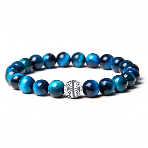 Natürliche 8 mm Edelsteine MetJakt Heilung Crystal Stretch Perlen Armband Armreif mit 925 Sterling Silber Double Happiness Anhänger (Tintenblau-Tigerauge)