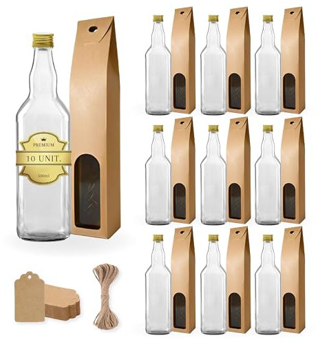 Espirito Rebelde 10 bottiglie in vetro da 500 ml con tappo a vite dorato + 10 scatole + 10 etichette Kraft + spago - bevande spiritose: Rum, Whiskey, Gin, Tequila, Liquori - Souvenirs, Cocktail