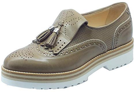 Schwarze Mokassins für Damen aus Leder mit Duili-Effekt, Farbe Taupe mit Klappe, Taupe Sand, 35 EU