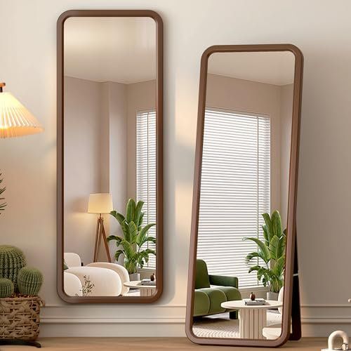 LVSOMT Standspiegel Ganzkörperspiegel Walnuss, 160x55cm Wandspiegel Groß, Ganzkörperspiegel Holzrahmen, Holz Spiegel Rechteckig, Walnussrahmen Spiegel Stehend für Schlafzimmer, Nussbaum Holzoptik
