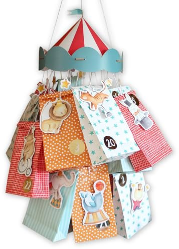 Papierdrachen Adventskalender Zirkus Mobile hängend - Papiertüten - Weihnachtsdeko - DIY - nachhaltig - für Kinder und Bastelfans - Set 01